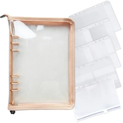 Image de DY.2ten Classeur A5 PVC Souple avec 6 Anneaux, Couverture de Reliure à Anneaux pour Carnet Notes, Transparent Rechargeable Format Standard fermeture glissière, Poche zippée