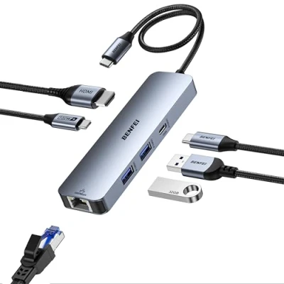 Image de Hub USB C BENFEI HDMI 2 x 1 100 W Gigabit Silicone Compatible avec MacBook iPad iPhone 15 Max 6 en (4K@60Hz), A, Données, Chargement,