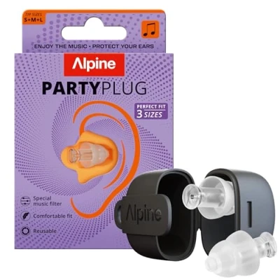 Image de Alpine PartyPlug Bouchons d&#039;Oreilles Concerts 19dB Nouveau et Amélioré Protection Auditive pour Festivals, Réutilisables Musique &amp; Raves, Son Haute Qualité 3 Tailles (Transparent)