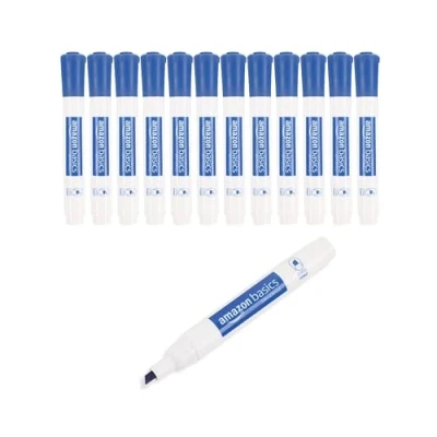Image de Amazon Basics Lot de 12 marqueurs à pointe biseautée et faible odeurs, effaçables sec, pour tableaux blancs, bleu