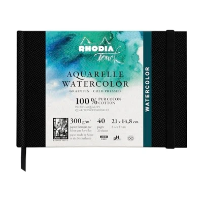 Image de RHODIA TOUCH 116137C Carnet aquarelle 100 % coton grain fin 300 g/m² A5 paysage 40 pages non microperforées Brochure rigide Watercolor Book