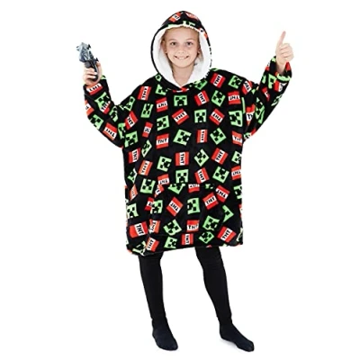Image de Minecraft Pull Plaid Enfant, Sweat Oversize en Polaire Chaud, Capuche Pilou Garcon Taille Unique (Multicolore)
