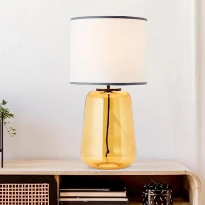 Image de lampe de table jaune avec abat jour en tissu décorative interrupteur intermédiaire à cordon 57 cm hauteur &amp; 30 diamètre douille E27 max. 60 W verre/textile