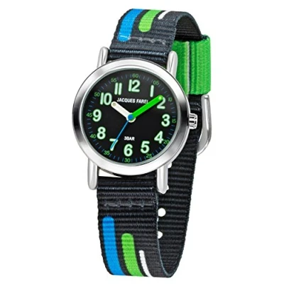 Image de JACQUES FAREL KPS 403 Montre à quartz analogique pour enfant avec bracelet en tissu Noir/bleu/vert, vert,