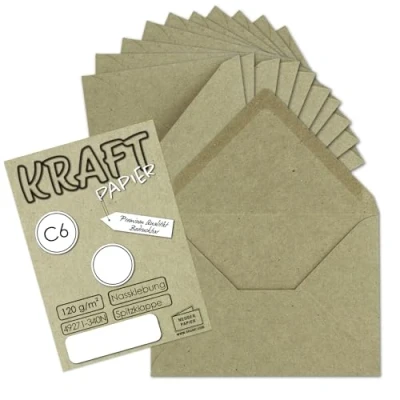 Image de NEW PAPER 75x enveloppes en papier kraft DIN C6 gris/vert 11,4 x 16,2 cm sans fenêtre vintage avec rabat pointu colle humide