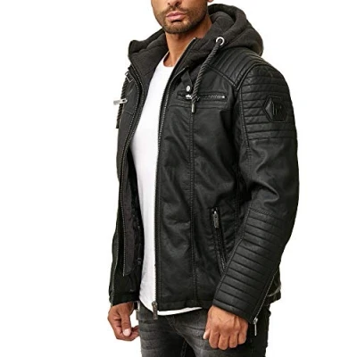 Image de Red Bridge Hommes Veste en Similicuir Biker Casual Jacket à Capuche Mode Blouson,Noir,M