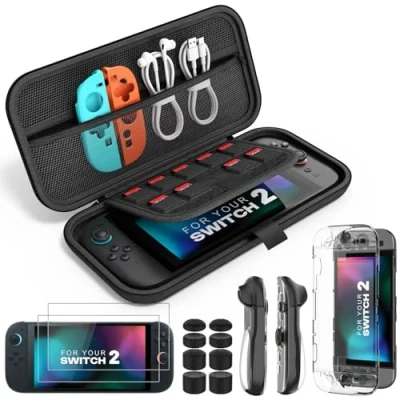 Image de MoKo Étui pour Nintendo Switch 2 (2025), Kit d&#039;accessoires 14 en 1 avec Pochette, Coque PC Transparente, Housse JoyCon TPU, Verre Trempé HD et 8 Poignées Pouce, Noir