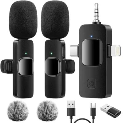 Image de GlasFlength Micro Cravate sans Fil pour iPhone Android Caméra Laptop, 4 in 1 Mini Réduction du Bruit Plug Play Portable Microphone TIK Tok Youtube Vidéo Interview