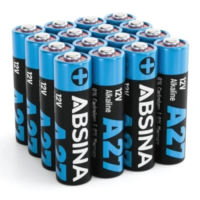 Image de ABSINA 16x Pile 27A 12V Alkaline pour telecommande Portail, ouvre Porte de Garage et Bien Plus A27 Alcaline Mini étanche Durable Piles A27, 27A, Pile, V27A
