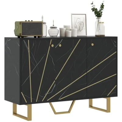 Image de HOMCOM Meuble de Rangement Buffet Salon avec 2 placards 3 Portes et étagère réglable, Pieds en métal dim. 107L x 35l 75H cm, Aspect marbre Noir
