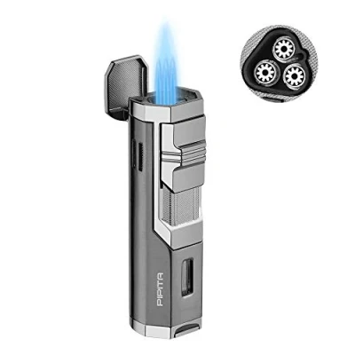 Image de PIPITA Briquet Torche Coupe Vent Triple Jet Flamme au gaz Butane Rechargeable avec poinçon en Alliage de Zinc Candle Briquets (Butane Non Inclus)