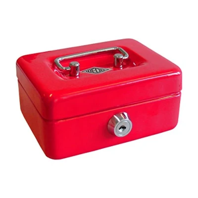 Image de Wedo 144003 Caisse d&#039;épargne pour enfants (avec fente d&#039;insertion, 5 compartiments la monnaie, serrure de sécurité, en tôle d&#039;acier, 2 clés) rouge