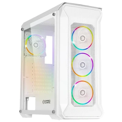 Image de EMPIRE GAMING Boitier PC Gamer DarkWitcher ARGB Moyenne Tour ATX Façade Métal Mesh et Paroi Latérale en Verre Trempé 4 Ventilateurs 5 Volts PWM LED RGB Adressable 120 mm MB Sync Blanc