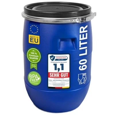 Image de plasteo® Fût à col large de 60 litres avec couvercle et anneau serrage, convient un usage alimentaire, sans BPA, tonneau nourriture, universel, couvercle, eau,