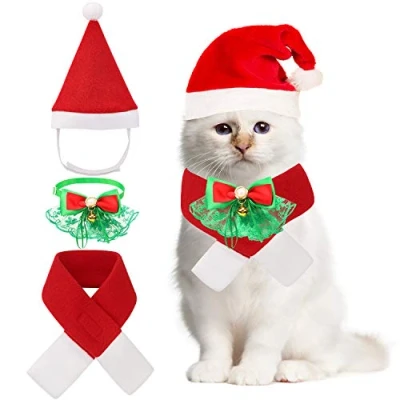 Image de QKURT Noel Noeud Papillon Collier Père Noël Chapeau Echarpe Costume pour Chiens Chien Chats, Costumes De Animaux Fete Déguisement