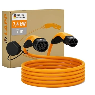 Image de LAPP MOBILITY Câble de Recharge Type 2 7,4 KW 7 Mètres Lisse 32 A monophasé pour Voiture électrique Mode 3 Made in Germany, Orangé