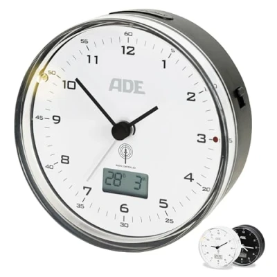 Image de ADE Réveil Radio piloté de Voyage Moderne analogique Affichage température et Date éclairage Snooze diamètre 8,2 cm Noir