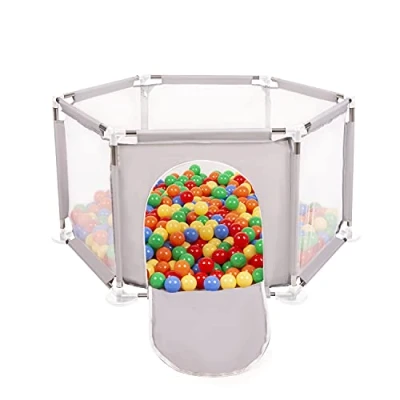 Image de Selonis Parc Bébé Hexagonal Pliable Avec 400 Balles Plastiques, Gris:Jaune/Vert/Bleu/Rouge/Orange