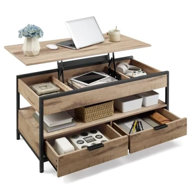 Image de VASAGLE Table Basse, de Salon avec Plateau Relevable, Tiroirs Rangement, Rangement Ouvert et Compartiment Caché, Marron Camel Noir d&#039;encre LCT209K02