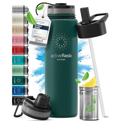 Image de Gourde Inox Isotherme ACTIVE FLASK 1l/500ml sans BPA + Paille (3 Bouchons) Bouteille d’eau Acier Inoxydable Isolée, Thermos Réutilisable Camping Velo Sport Running Randonnée Enfant, Café The
