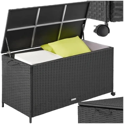 Image de tectake® Coffre de jardin Exterieur, à Coussins 297 L en Aluminium Polyrotin 117 x 54 64 cm avec Roulettes, Couvercle Rabattable, Poignées pour Rangement des Outils Jardin, Matelas, Jouets