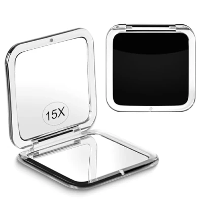 Image de 15X grossissant miroir de maquillage compact pour les voyages, petit poche, pliable et portable. Double face avec grossissement 1X sacs à main Carré 8,4 cm (noir)