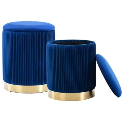 Image de Shally Dogan Lot de 2 poufs rangement en velours, design moderne avec bande métal, repose pieds rond spacieux, tabouret couvercle amovible et assise rembourrée haute densité (bleu)