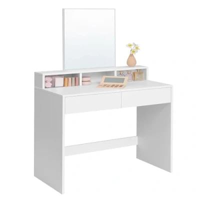 Image de VASAGLE Coiffeuse avec Grand Miroir, Table de Maquillage, 2 Tiroirs et 3 Compartiments, Coin BeautÉ, Style Moderne, Blanc RDT113W01