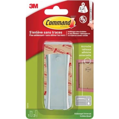 Image de Command Accroche Universelle Adhésive pour Tableaux, Grand Modèle, Argenté 1 Crochet et 2 Grandes Languettes, 2,2 kg Accrochage Sans Dommage