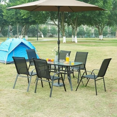 Image de casa.pro Salon de Jardin 7 Pièces avec Table à Manger et 6 Chaises Ensemble Meubles pour Extérieur Terrasse Patio Balcon Acier Verre Trempé Textilène PVC Polyester Noir