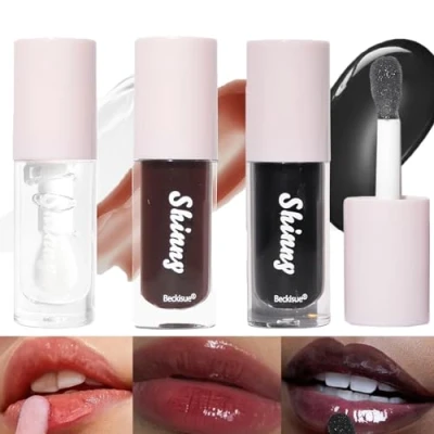 Image de 3Pcs Gloss à lèvres noir translucide, clair/cerise noire/huile de sucre noir, hydratant repulpant miroir highlight, brillant longue durée et non collant