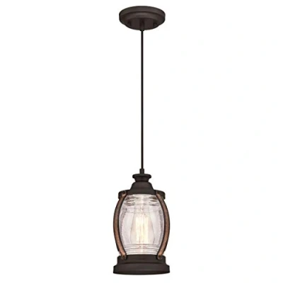 Image de 63617 Luminaire suspendu d&#039;intérieur à une lampe, finition bronze huilé avec des touches de bois et du verre granuleux clair