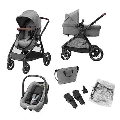 Image de Maxi Cosi Zelia S Trio Poussette 3 en 1, 0 à 4 Ans, Jusqu&#039;à 22 kg, Bébé Pliable, Compacte et Inclinable, avec Siège Auto CabrioFix i Size, Accessoires, Sac Langer, Gris