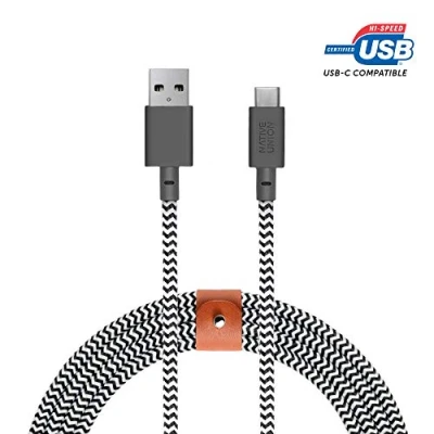 Image de Native Union Câble ceinture XL USB C vers A de charge ultra résistant 10 pieds avec dragonne en cuir iPhone 16, Samsung Galaxy Z Fold 6, Flip6, S24 Ultra, Pixel 9Pro, iPad Pro (Zebra)