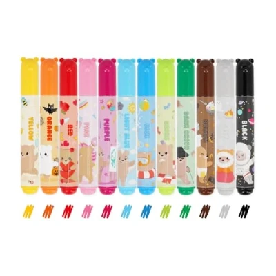 Image de Legami Lot de 12 feutres Teddy Friends, couleurs assorties, lavables et non toxiques, pointe anti retour, traits fins larges, pour enfants filles, emballage réutilisable