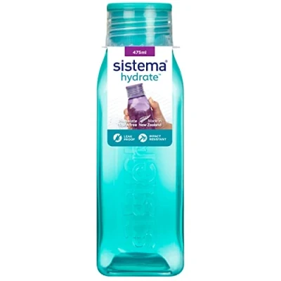 Image de Sistema Bouteille d&#039;eau carrée 475 ml sans BPA Bouchon étanche Bords antidérapants Coloris assortis