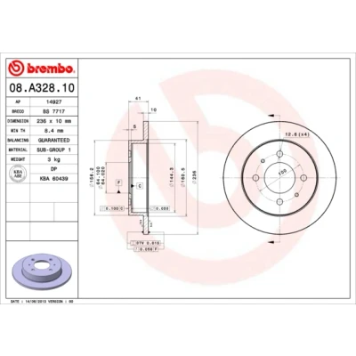 Image de BREMBO 08.A328.10 Disque de frein 236 10 4 plein MITSUBISHI: COLT 4, Lancer 6 Limousine, Carisma 5 portes