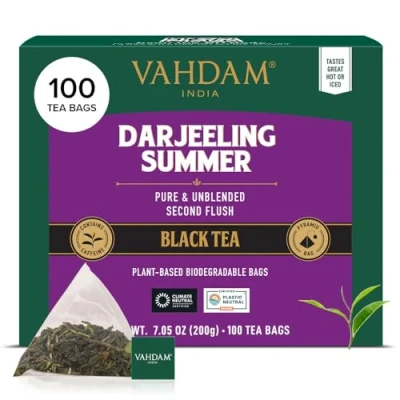 Image de VAHDAM, Darjeeling Summer Thé Noir (100 Sachets De Pyramid) d&#039;Inde Non Mélangé Certifié 100% Directement La Source En Inde Infusion Chaude/Glacée