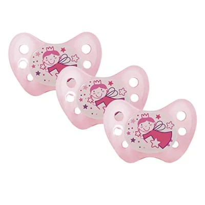 Image de Dentistar Lot de 3 Tétines bébé Taille (dès 14 mois) Tétine orthodontique douce pour les dents et la mâchoire qui brille dans le noir Rose avec motif fée, nuit Made in Germany