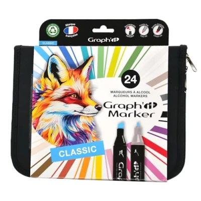 Image de GRAPH’IT Marker trousse de 24 marqueurs à alcool double pointe pour dessin manga et illustration, fine biseautée Set Basic Colours