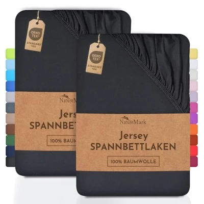 Image de Lot de 2 draps housses NatureMark En coton jersey Certifié selon la norme Öko Tex 100 « Confiance textile », Coton, Noir , 2er Pack 180x200 200x200 cm