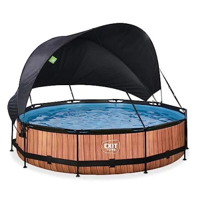Image de EXIT TOYS Piscine Wood avec Voile d&#039;Ombrage ø360x76cm Hors Sol Ronde Pompe Filtrante à Cartouche Protection Optimale Contre Les Rayons UV Entrée Basse Design Unique Marron