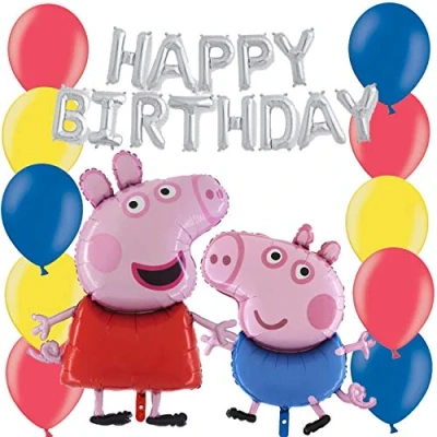 Image de Toyland Ensemble de Ballons fête Peppa &amp; George avec bannière Ballon Joyeux Anniversaire 16 po en Argent, 37 et 30 mélanges Latex