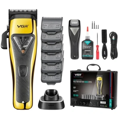 Image de VGR 015 tondeuse sans fil professionnelle pour hommes, moteur Vector 9000 RPM, lame DLC, coupe de cheveux avec boîtier en métal, 1 couvercle modulaire noir, étui voyage