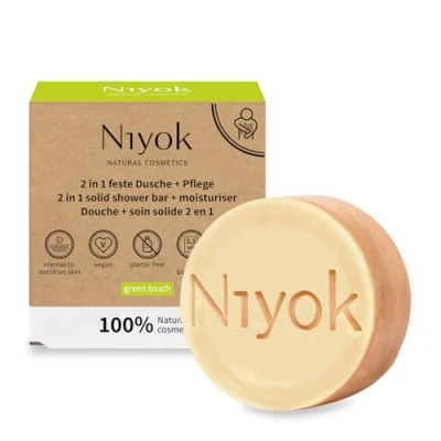 Image de Niyok® douche fixe 2 en 1 + soin « Green Touch » (80 g) Savon de cosmétique naturel Gel solide pour tous les types peau végétalien le corps et mains Sans