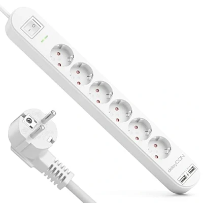 Image de deleyCON 3,0m Multiprise 6 Compartiments avec USB 6X Prises de Contact Protection 2X Prise Chargement A par ex. Téléphone Portable et Tablette Survoltage Bouton on/Off Blanc