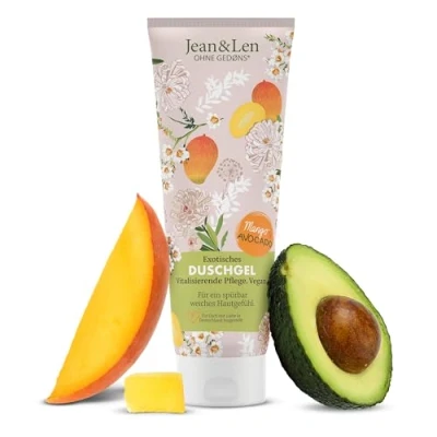 Image de Jean &amp; Len Gel douche exotique Mangue Avocat, formulation vitalisante pour une sensation de peau sensiblement plus douce, nettoyage la en douceur, sans parabènes, végétalien, 250 ml