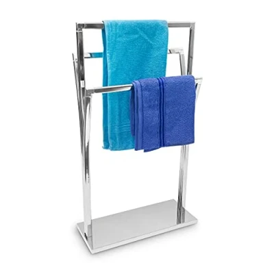Image de Relaxdays 10019257 porte serviettes sur pied en inox 3 tringles 86 x 50 20 cm à poser avec surface chromée barres au design style moderne, gris argenté