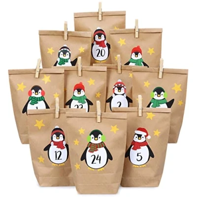 Image de Papierdrachen DIY Calendrier de l&#039;avent Set en Papier Kraft Pingouins à Coller avec 24 Sacs Brun remplir soi même et Faire Noël 2021