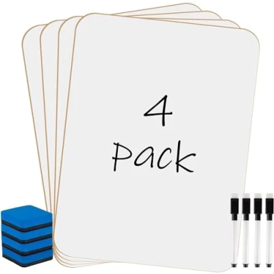 Image de KAHEIGN 4 Pièces Petits Tableaux Blancs Effaçables à Sec, 21CM x 30CM Mini Tableau Blanc Double Face Portable avec Stylos et Gommes pour Étudiant Professeur ClasseSalle Bureau